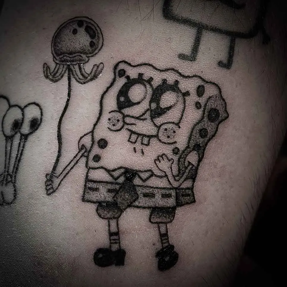 Spongebob holding a Jellyfish balloon tattoo.